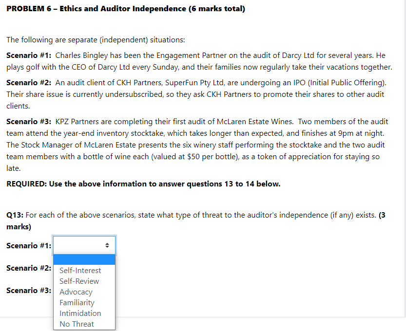 PROBLEM 6 - Ethics and Auditor Independence (6 marks total) The