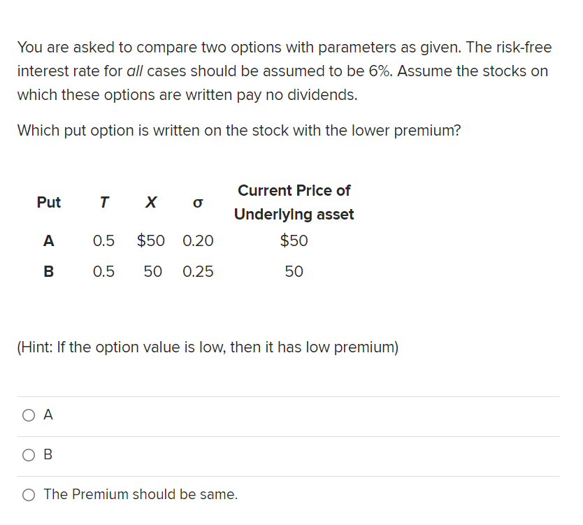  You are asked to compare two options with parameters as given.