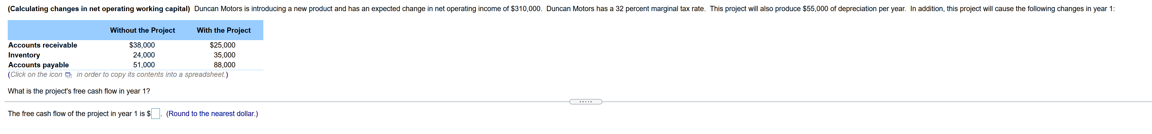 (Calculating changes in net operating working capital) Duncan Motors is introducing