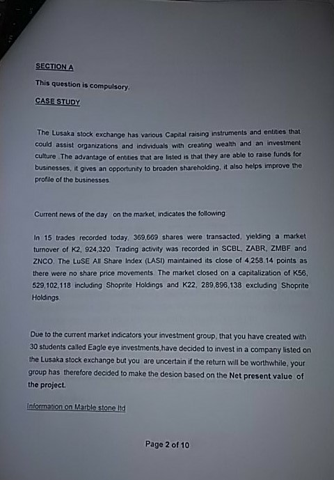  SECTION A This question is compulsory. CASE STUDY The Lusaka stock