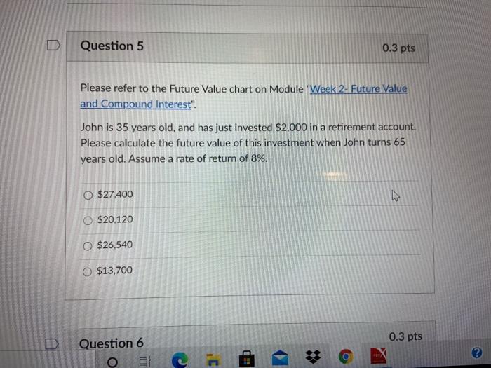  Question 5 0.3 pts Please refer to the Future Value chart