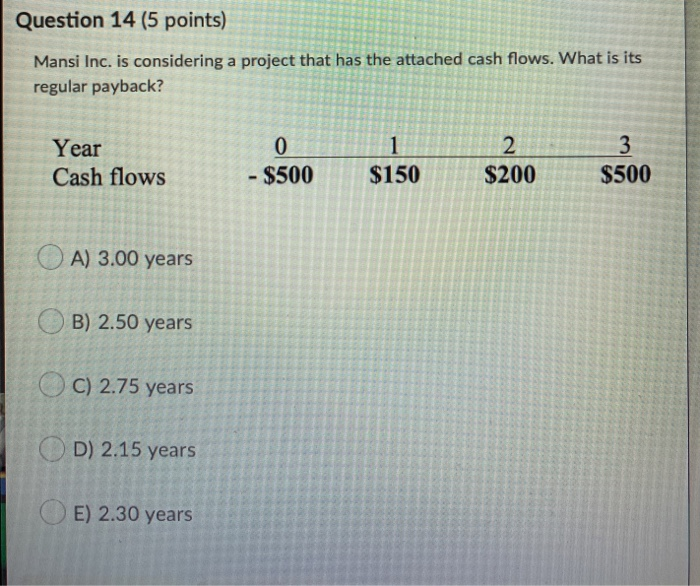  Question 14 (5 points) Mansi Inc. is considering a project that