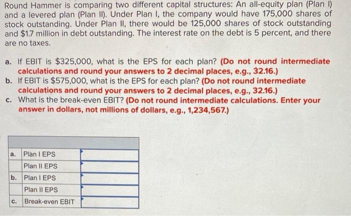  Round Hammer is comparing two different capital structures: An all-equity plan