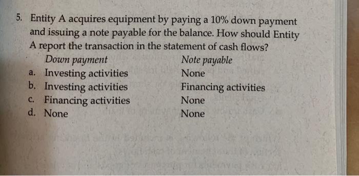  5. Entity A acquires equipment by paying a 10% down payment