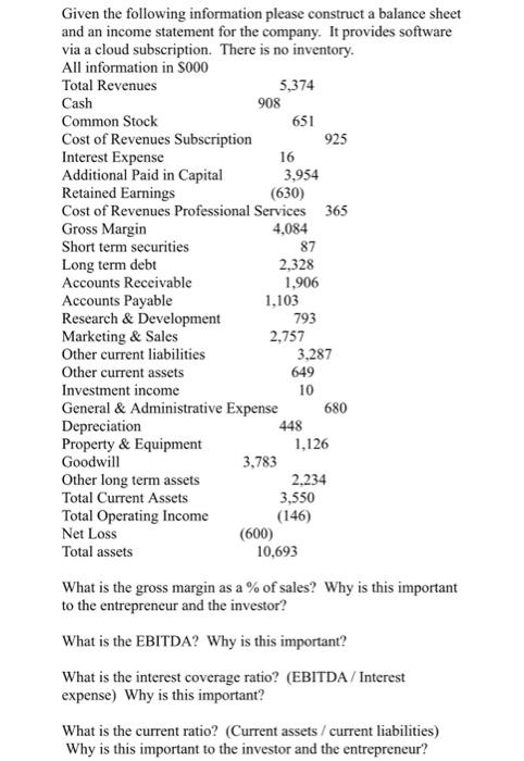  Given the following information please construct a balance sheet and an