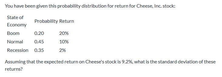  You have been given this probability distribution for return for Cheese,