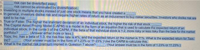 need help with all 1. risk can be diversified away, 2. risk