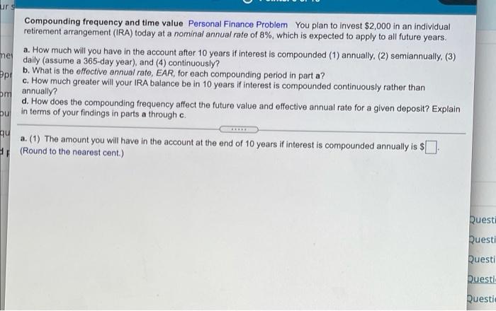  urs nej Compounding frequency and time value Personal Finance Problem you