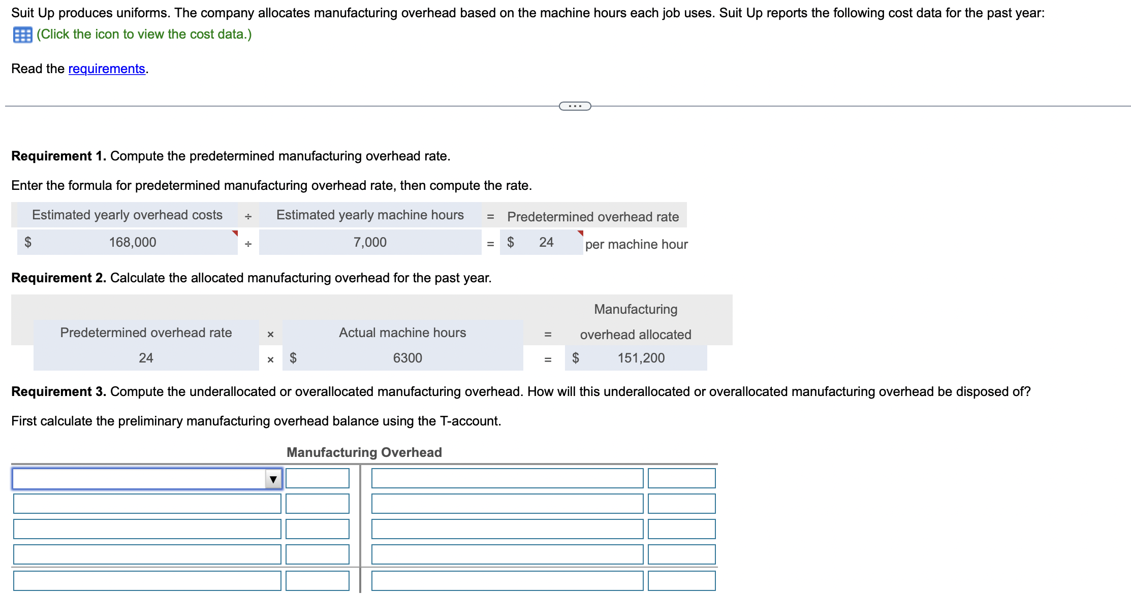  Data table Requirements 1. Compute the predetermined manufacturing overhead rate. 2.