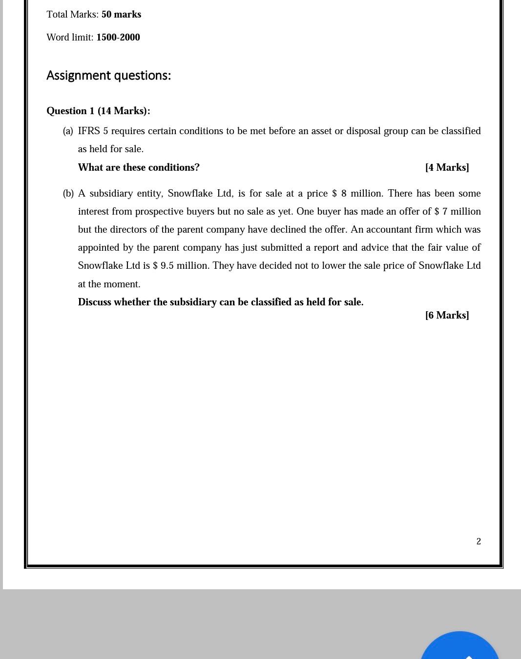  Total Marks: 50 marks Word limit: 1500-2000 Assignment questions: Question 1