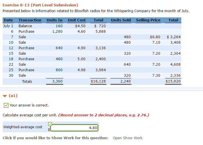 Exercise 8-13 (Part Level Submission) Presented below is information related to