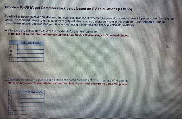  Problem 10-35 (Algo) Common stock value based on PV calculations [LO10-5]