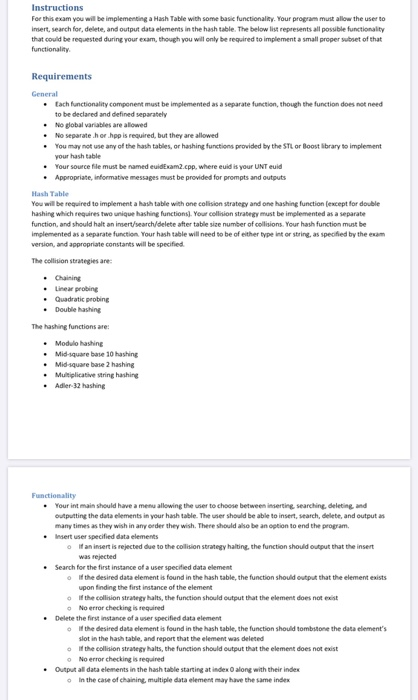 Hash table Instructions For this exam you will be implementing a Hash
