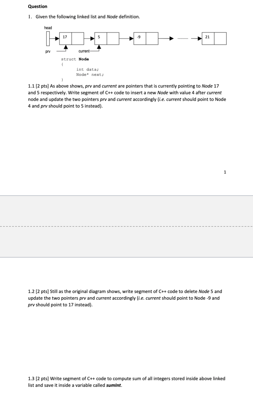  Question Given the following linked list and Node definition. 1.1[2 pts]