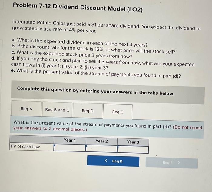  Problem 7-12 Dividend Discount Model (LO2) Integrated Potato Chips just paid