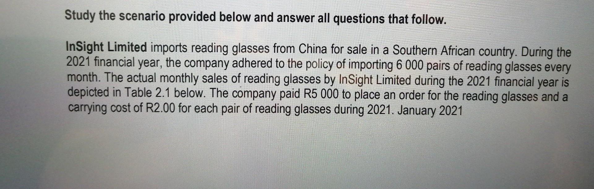 glasses during 2021 3.1 Using the actual sales data provided above, determine