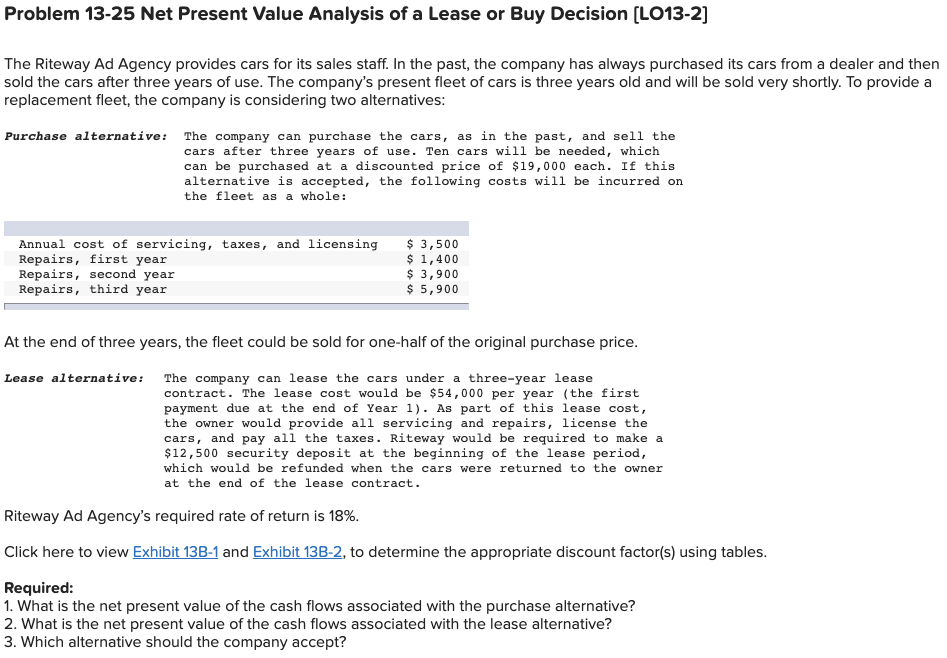 Please help! Problem 13-25 Net Present Value Analysis of a Lease or