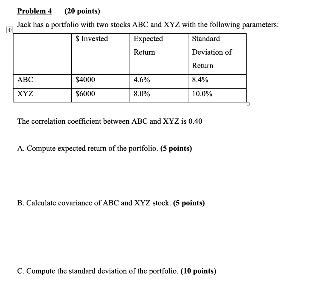 Problem 4 (20 points) Jack has a portfolio with two stocks