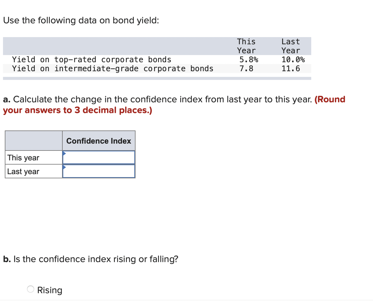  Use the following data on bond yield: This Year 5.8% 7.8