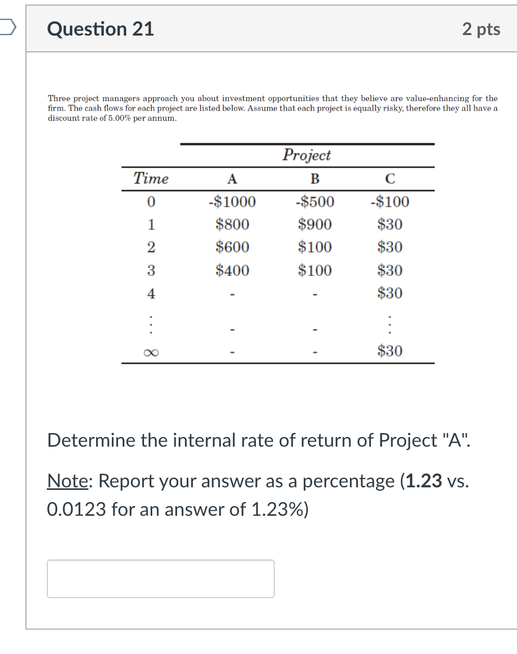 Question 21 2 pts Three project managers approach you about investment