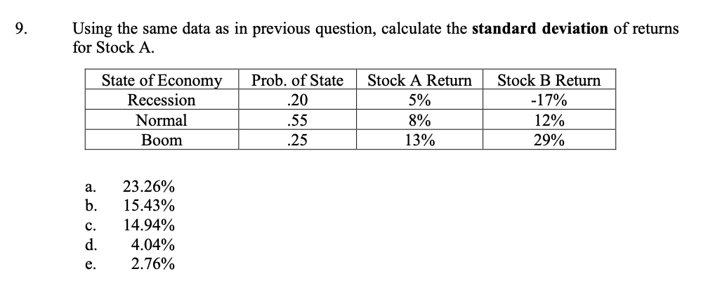  9. Using the same data as in previous question, calculate the