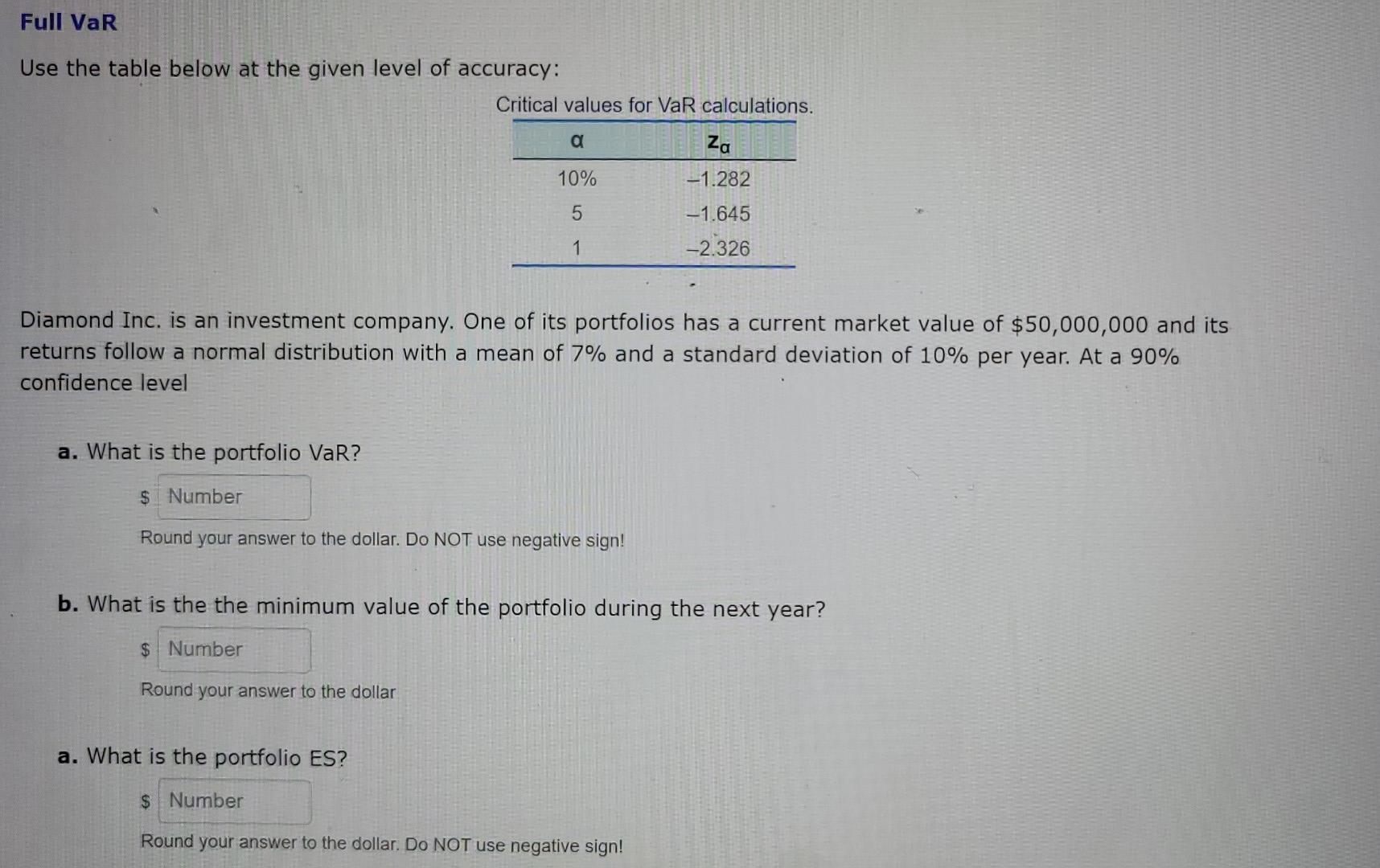 Full VaR Use the table below at the given level of