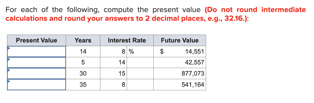 your answers to 2 decimal places, e.g., 32.16.): For each of the