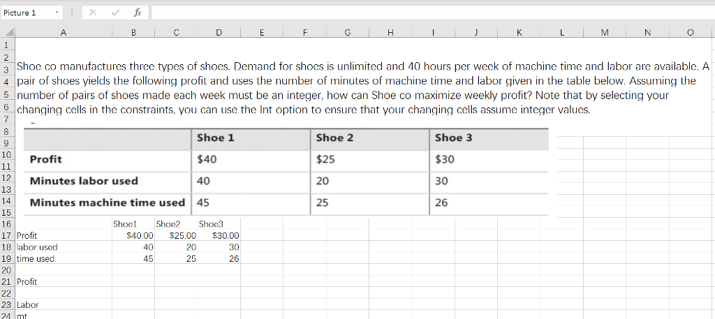 Use Solver in Excel, i need screenshot about every step. Picture 1'