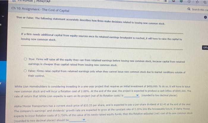 can you answer these questions MINDTAP LO Ch 10: Assignment. The cost