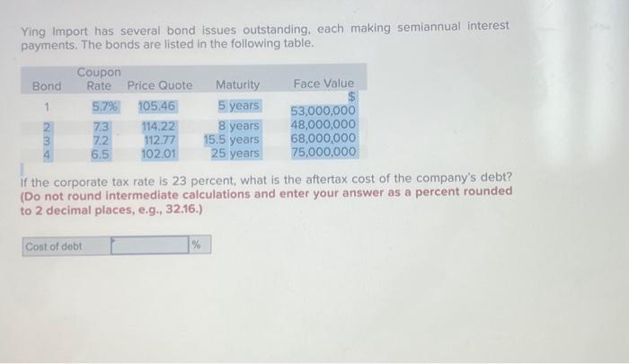 help please Ying Import has several bond issues outstanding, each making semiannual