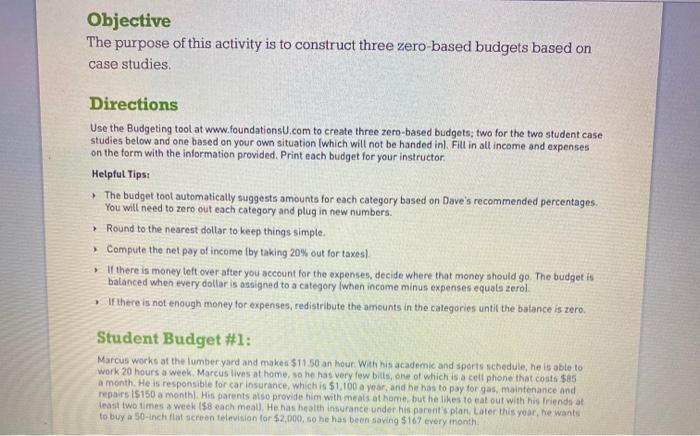  Objective The purpose of this activity is to construct three zero-based
