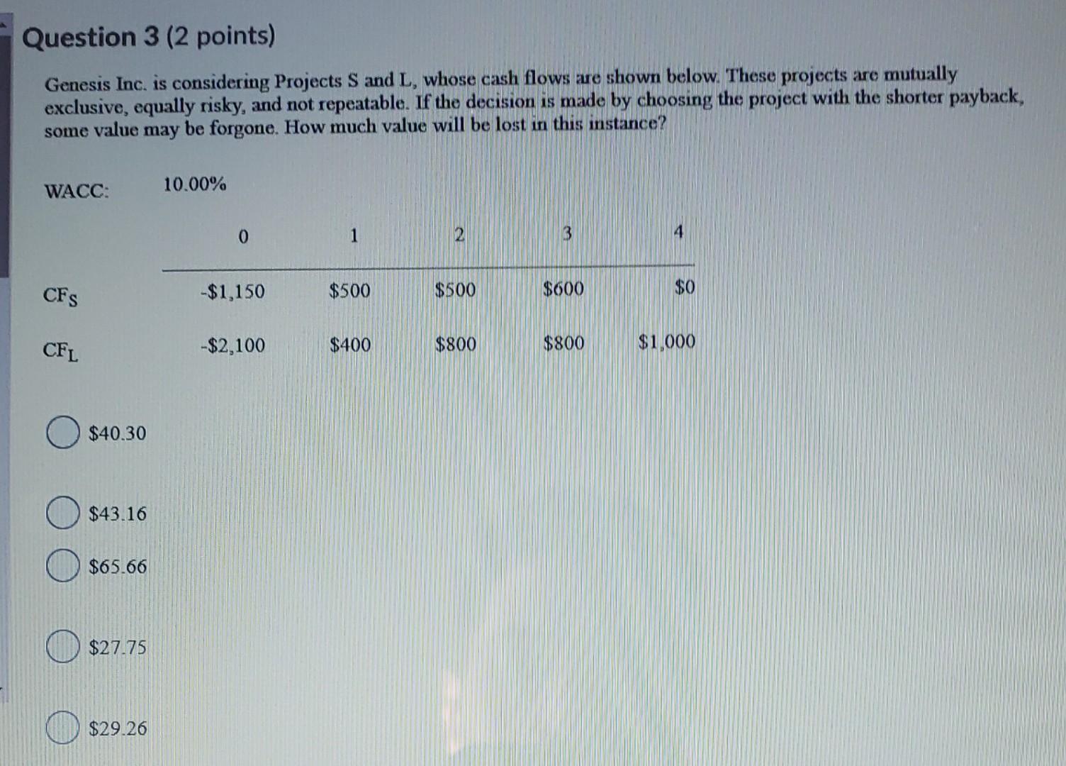 Question 3 (2 points) Genesis Inc. is considering Projects S and