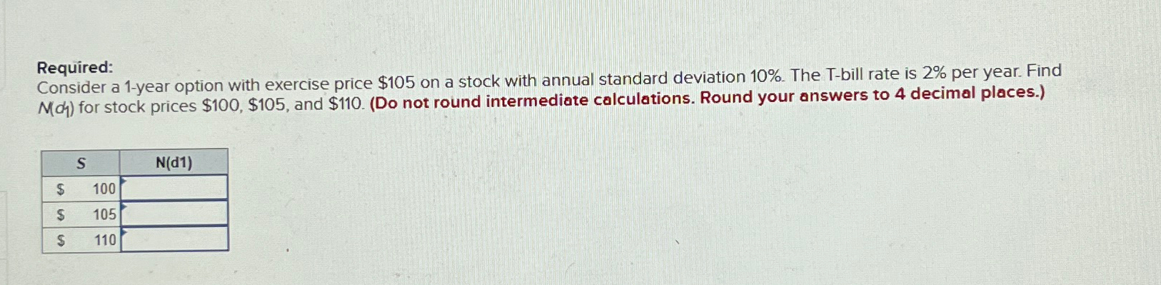  Required: Consider a 1-year option with exercise price $105 on a