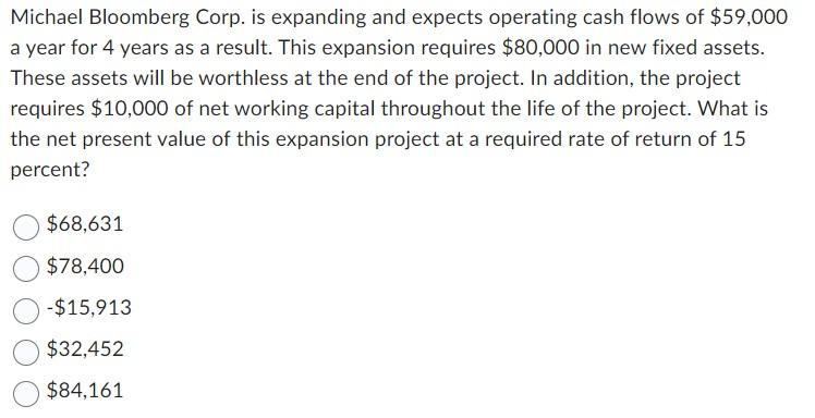  Michael Bloomberg Corp. is expanding and expects operating cash flows of