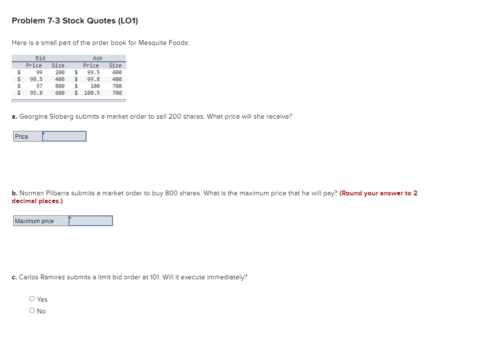 Problem 7-3 Stock Quotes (LO1) Here is a small part of