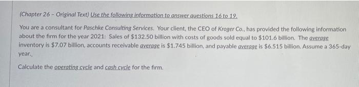 show work (Chapter 26 - Original Text) Use the following information to