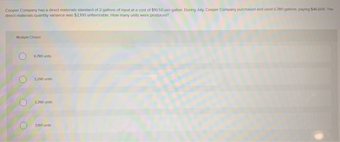 Cooper Company has a direct materials standard of 2 gallons of