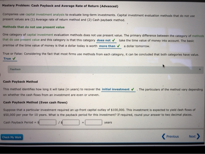  Mastery Problem: Cash Payback and Average Rate of Return (Advanced) Companies