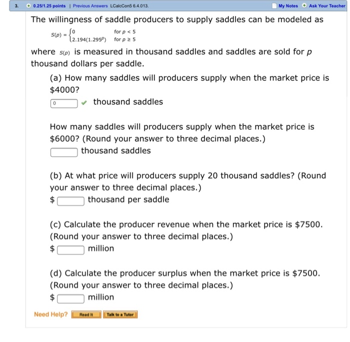 3. 0.25/1.25 points | Previous Answers LCalcCon5 6.4.013. My Notes Ask
