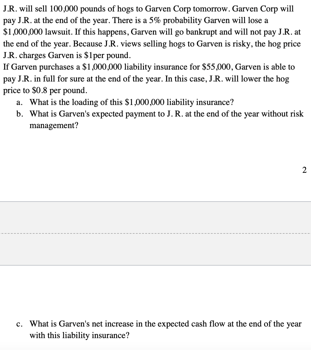  J.R. will sell 100,000 pounds of hogs to Garven Corp tomorrow.