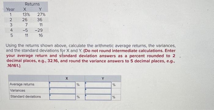  Using the returns shown above, calculate the arithmetic average returns, the