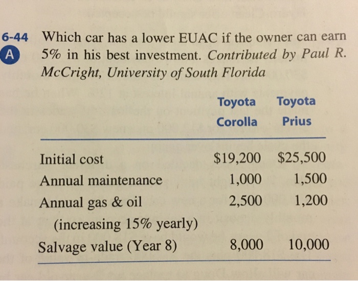  Problem Solution 6-44 Which car has a lower EUAC if the