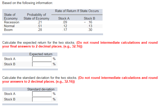  Based on the following information: Calculate the expected return for the