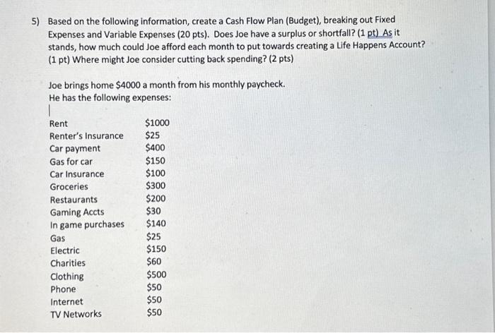  5) Based on the following information, create a Cash Flow Plan