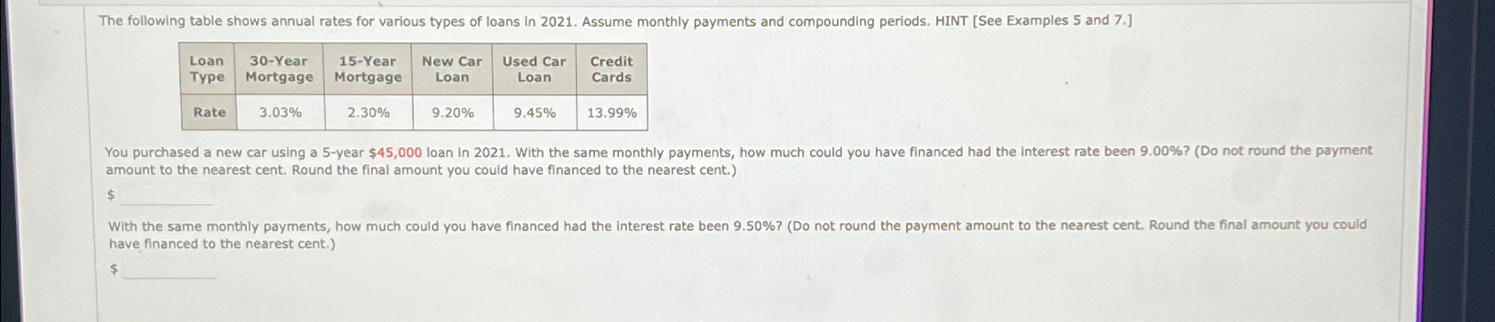  The following table shows annual rates for various types of loans