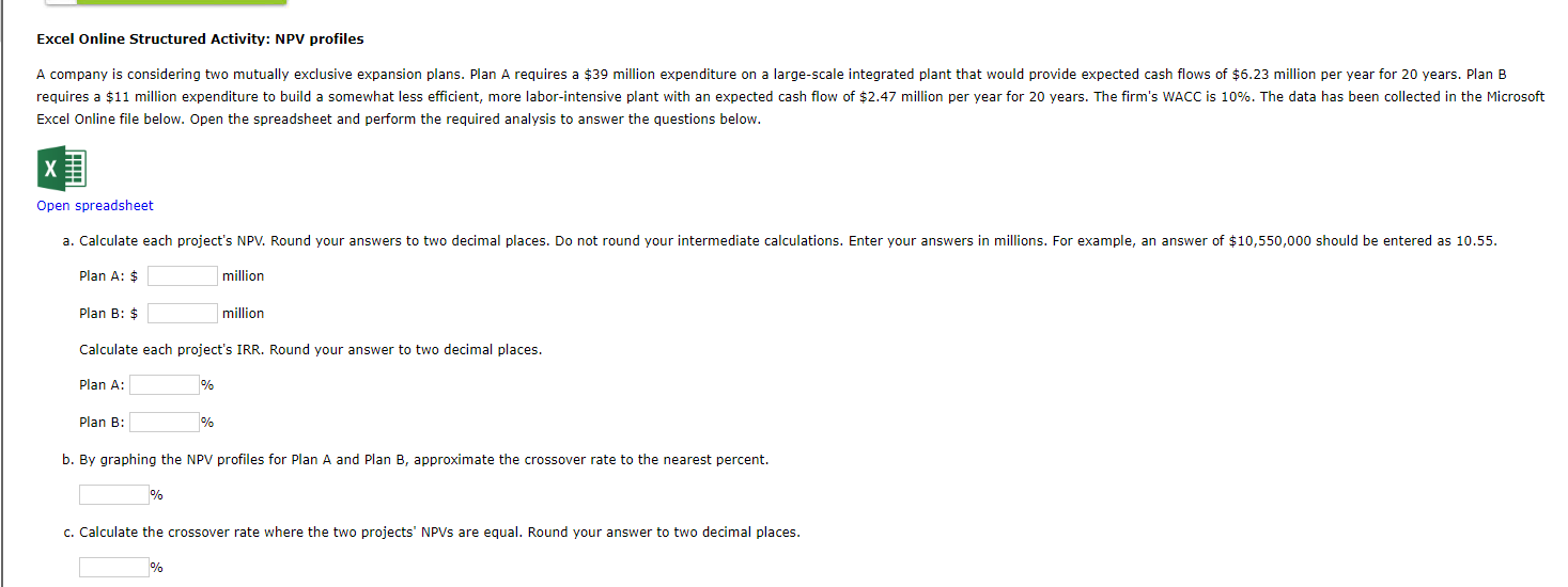 Excel Online Structured Activity: NPV profiles Excel Online file below. Open