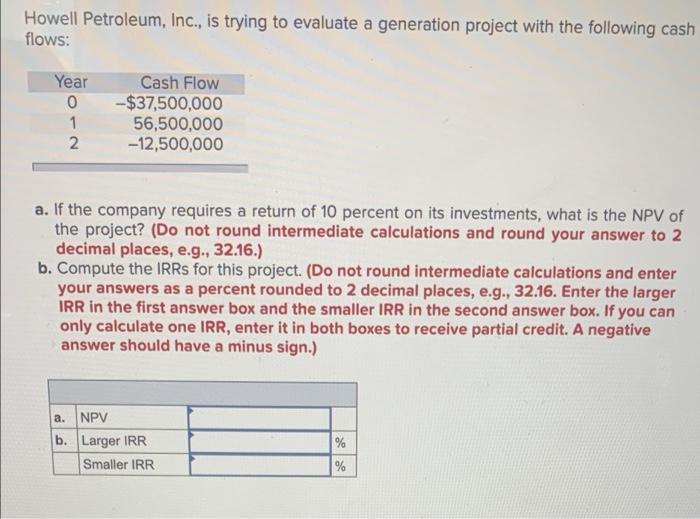  Howell Petroleum, Inc., is trying to evaluate a generation project with