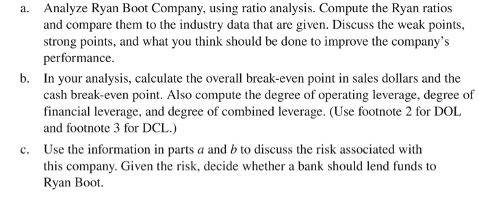  a. Analyze Ryan Boot Company, using ratio analysis. Compute the Ryan