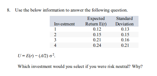 8. Use the below information to answer the following question. Expected