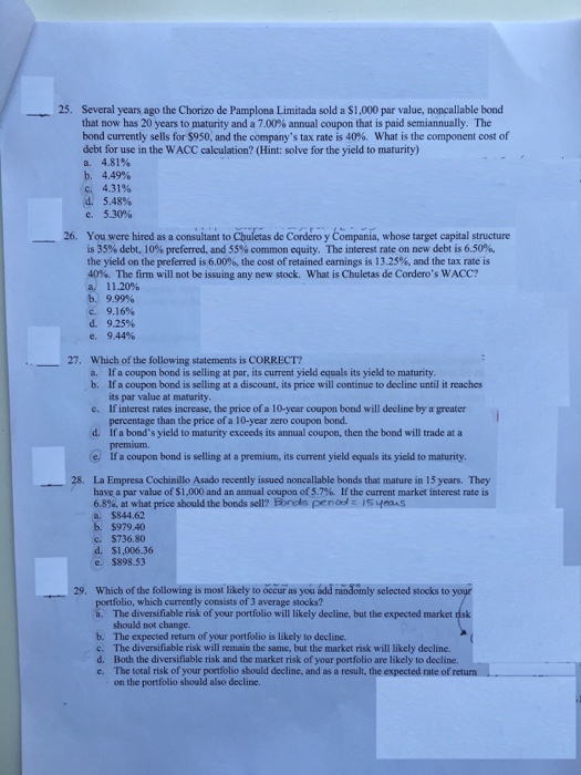  Multiple choice. Please show work. Several years ago the Chorizo de